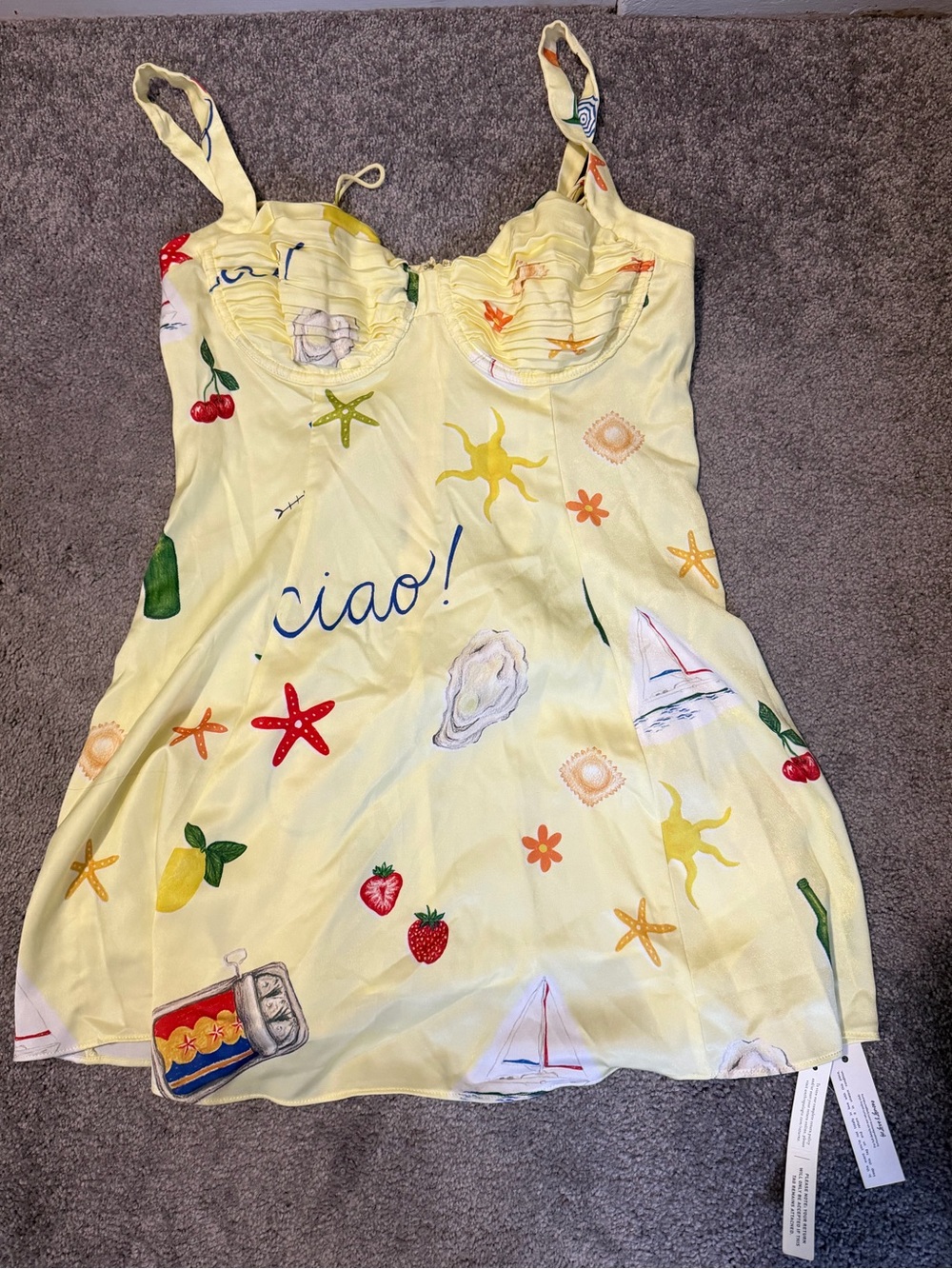 For Love And Lemons Yellow 'Ciao!' Sundress with Fruit & Nautical Motifs